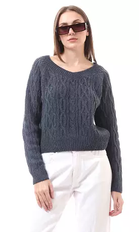 Light Navy Blue Knitted Deep V-Neck Slip On Pullover - O172551