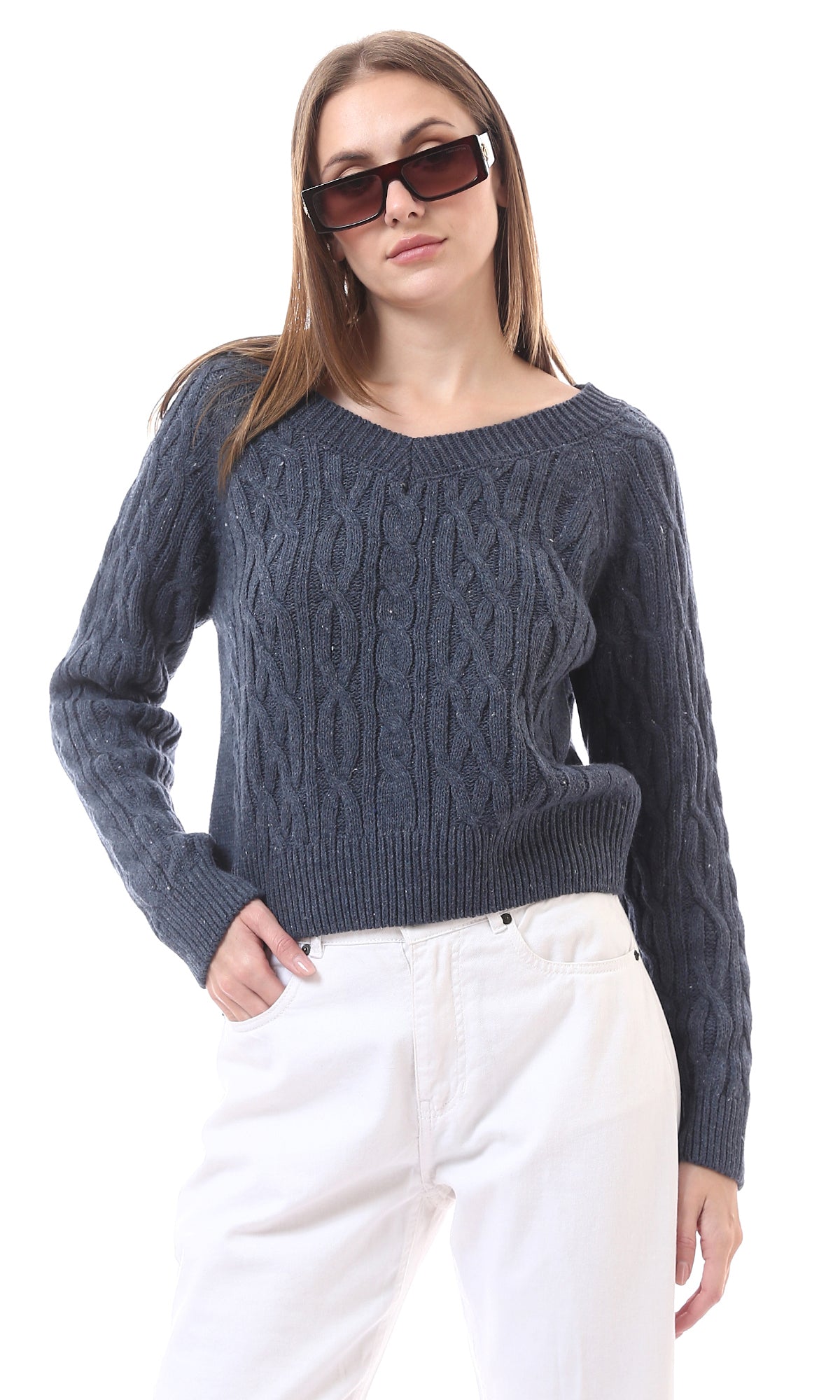 Light Navy Blue Knitted Deep V-Neck Slip On Pullover - O172551