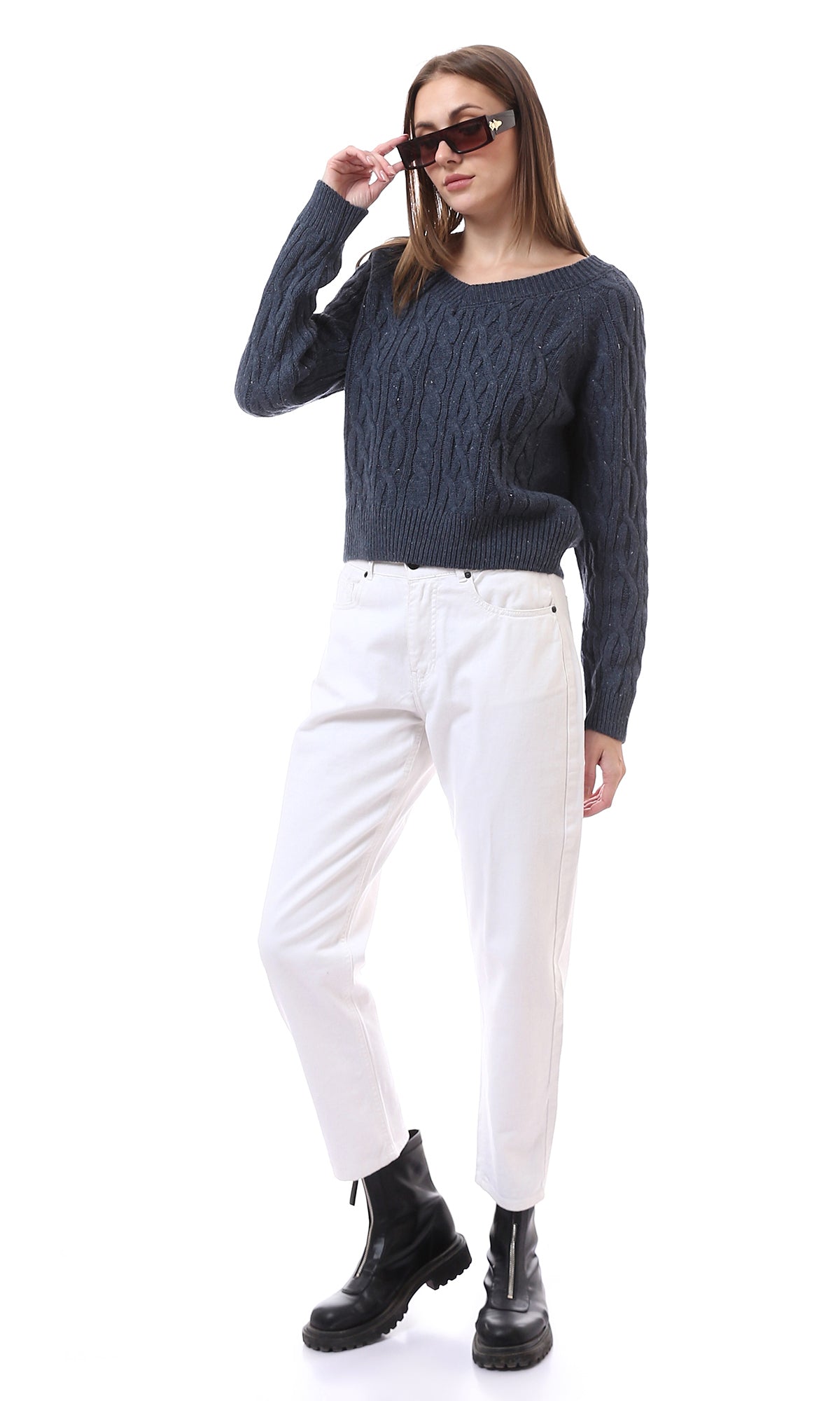 Light Navy Blue Knitted Deep V-Neck Slip On Pullover - O172551