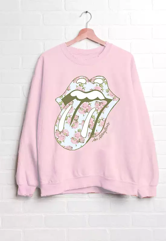 LivyLu Pink Floral Rolling Stones Thrifted Sweatshirt