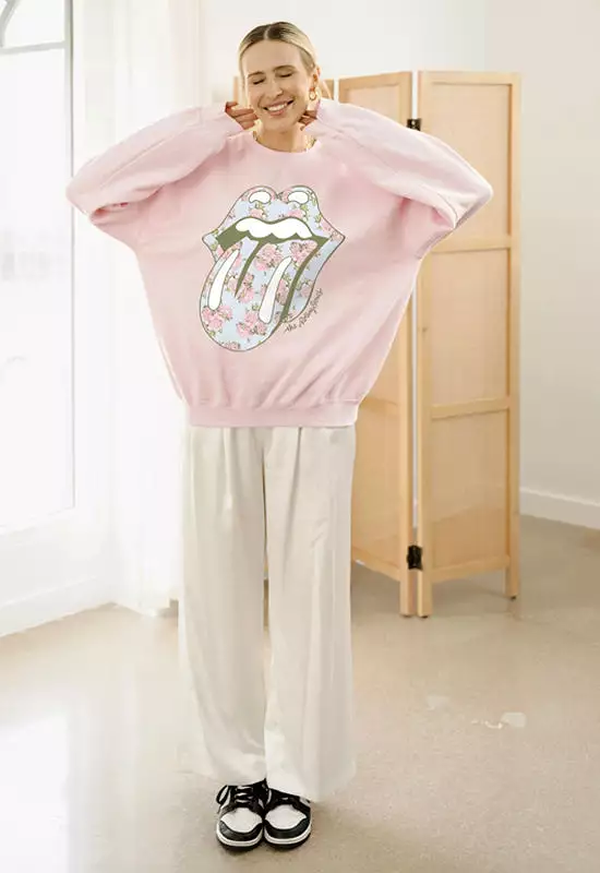 LivyLu Pink Floral Rolling Stones Thrifted Sweatshirt