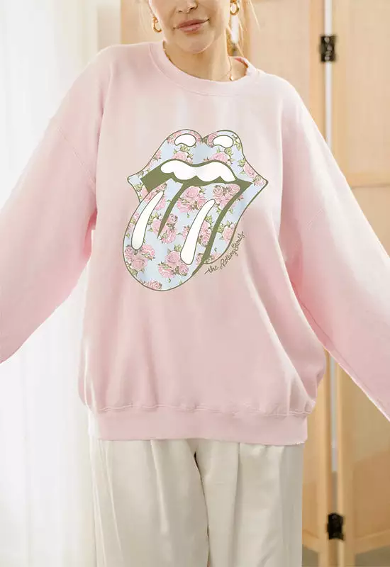 LivyLu Pink Floral Rolling Stones Thrifted Sweatshirt