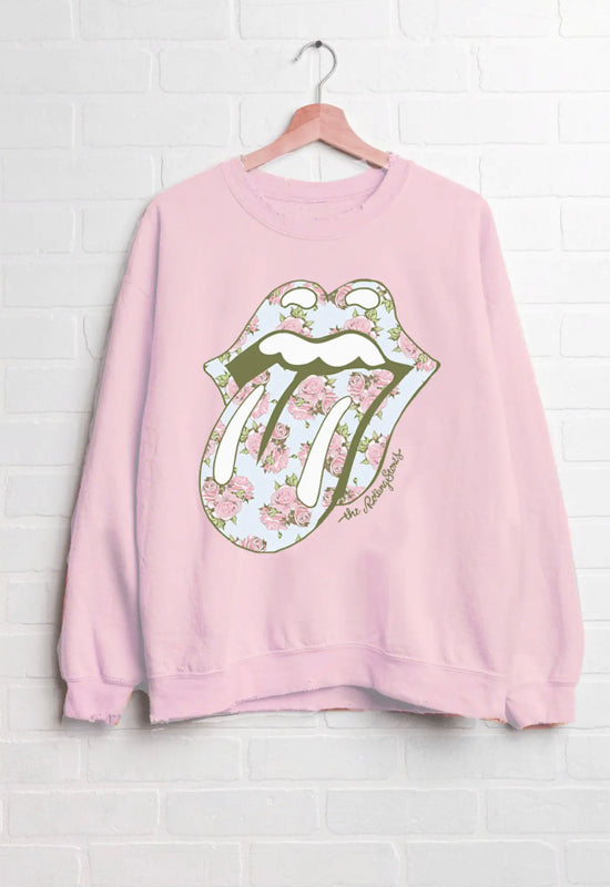 LivyLu Pink Floral Thrifted Sweatshirt with Rolling Stones Design