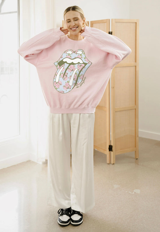 LivyLu Pink Floral Thrifted Sweatshirt with Rolling Stones Design