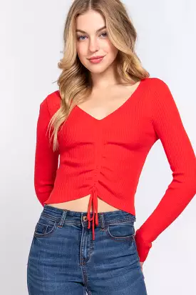 Long Sleeve V-neck Sweater with Shirring Tie Detail