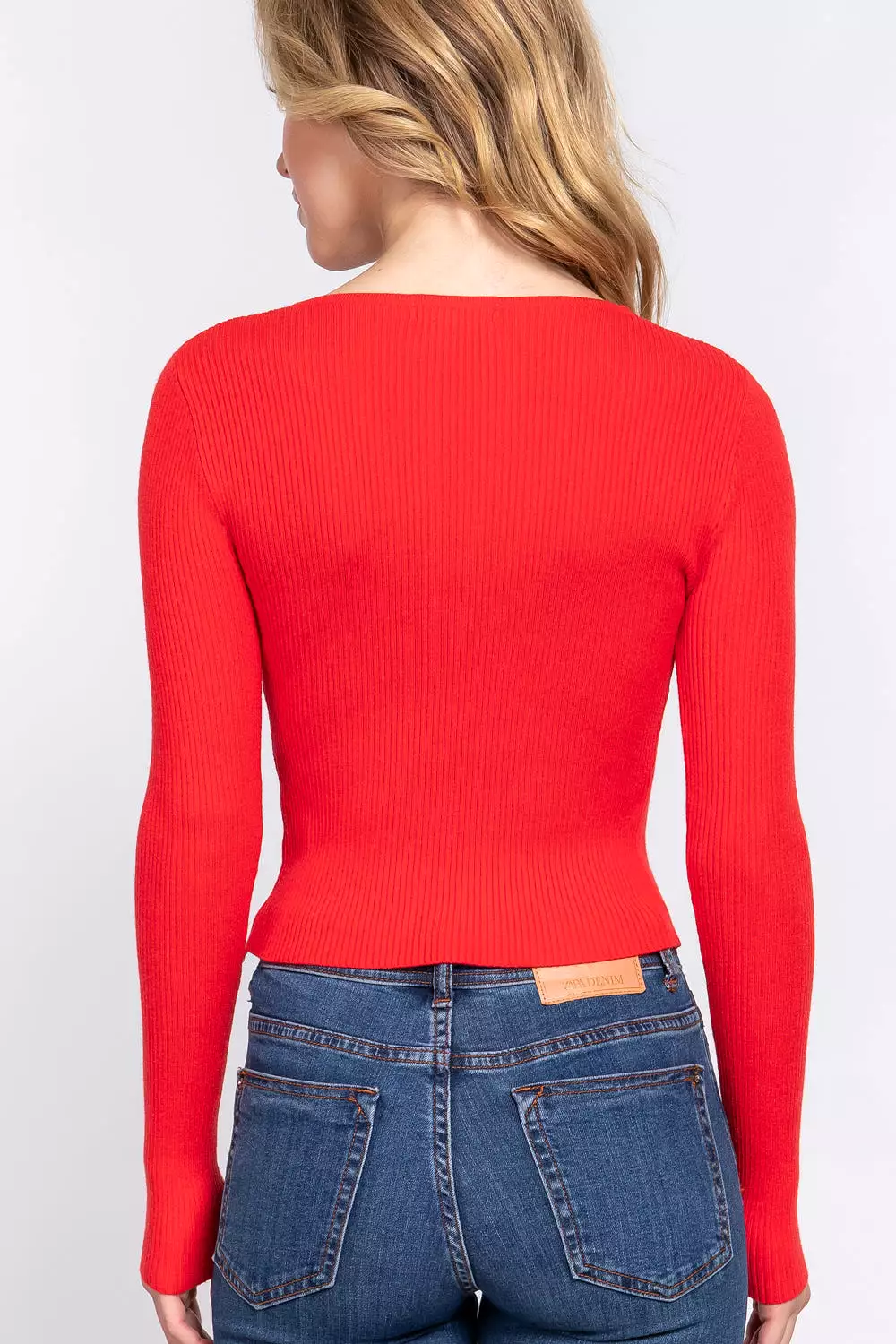 Long Sleeve V-neck Sweater with Shirring Tie Detail