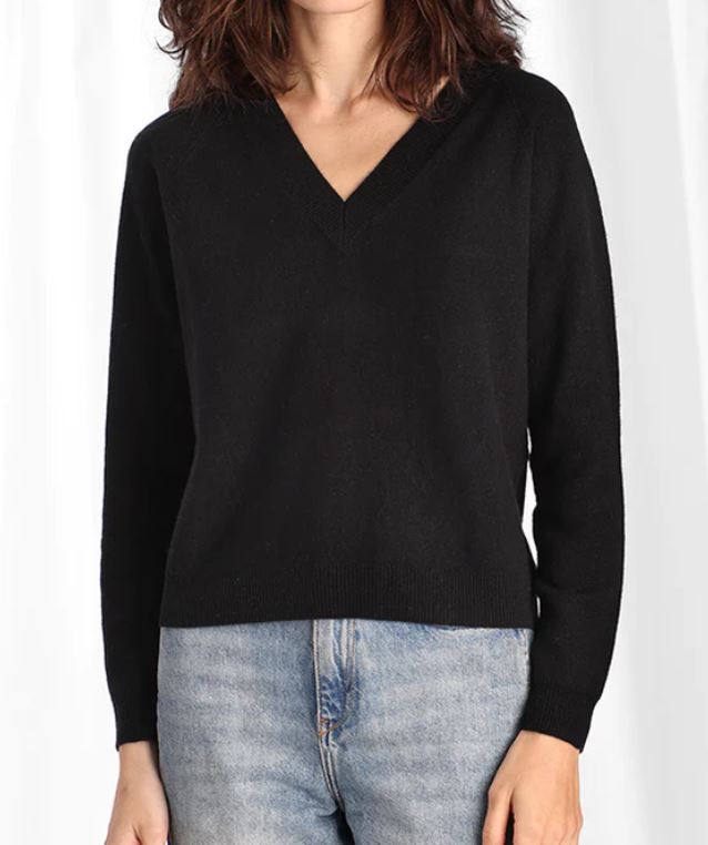 Minnie Rose Black Cashmere V-Neck Sweater