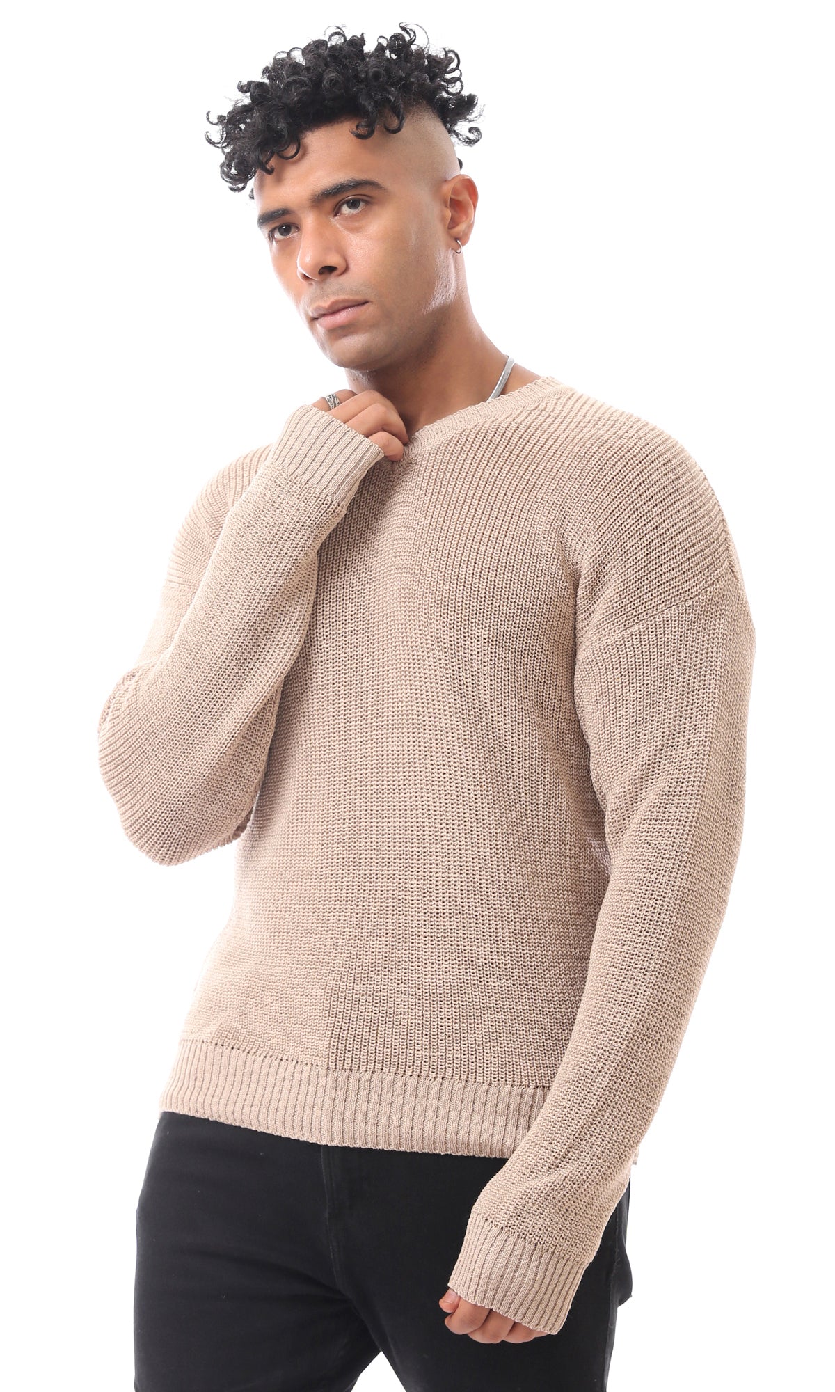 O171146 Beige V-Neck Knit Sweater