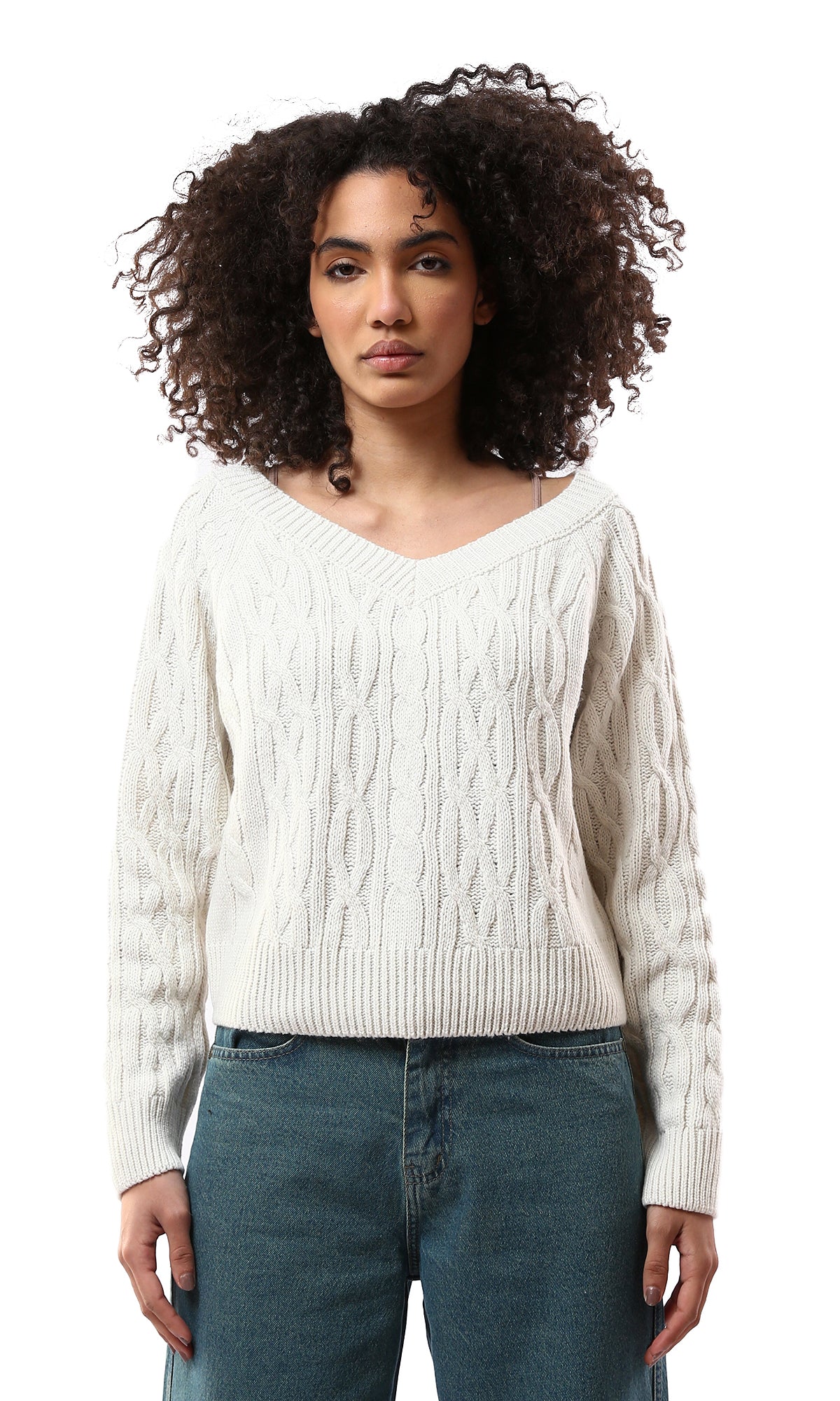 Off-White Knitted Sweater with Wide V-Neck