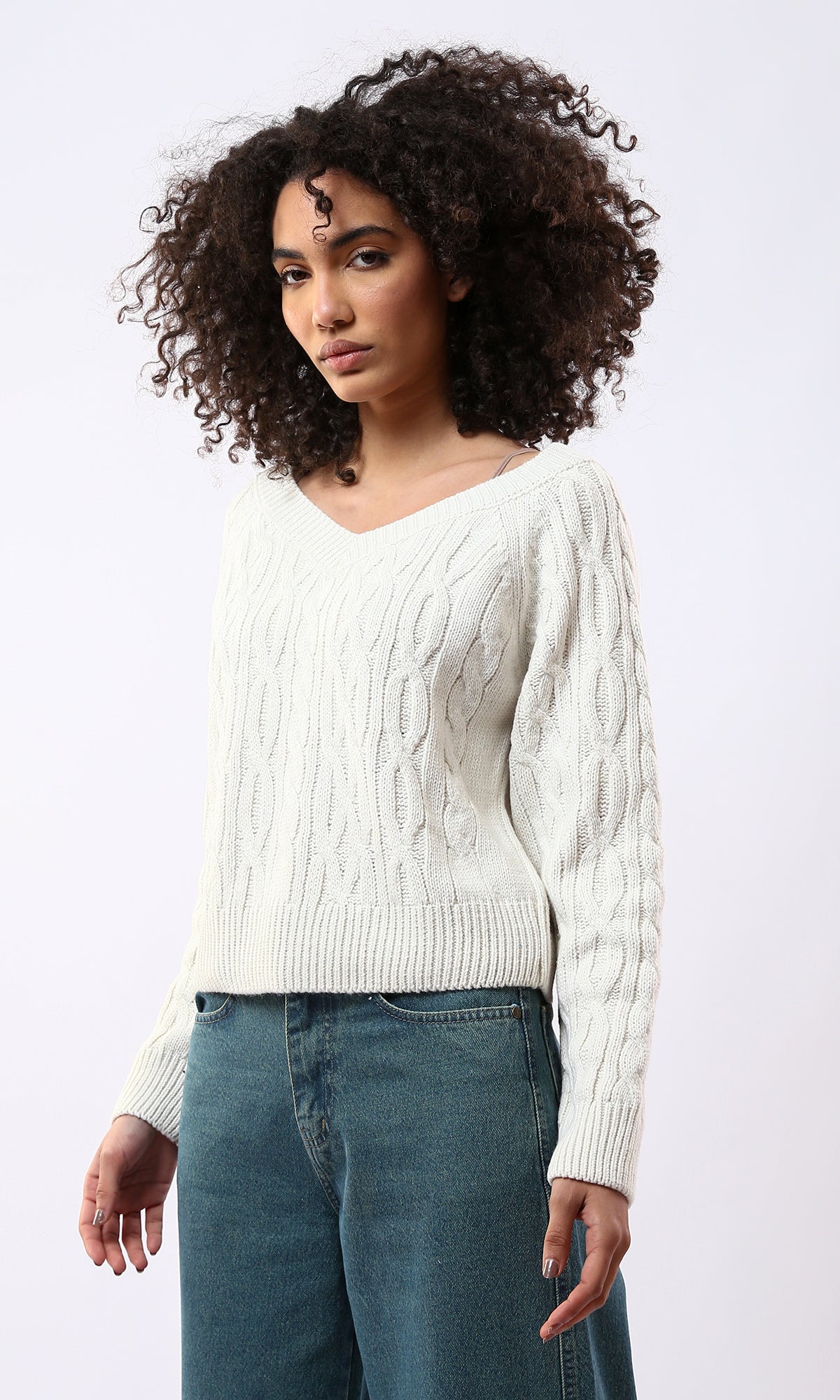 Off-White Knitted Sweater with Wide V-Neck