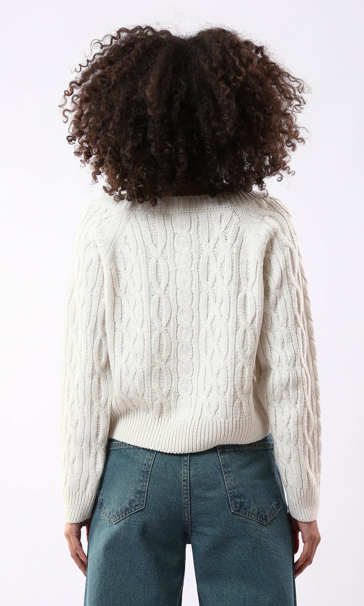 Off-White Knitted Sweater with Wide V-Neck