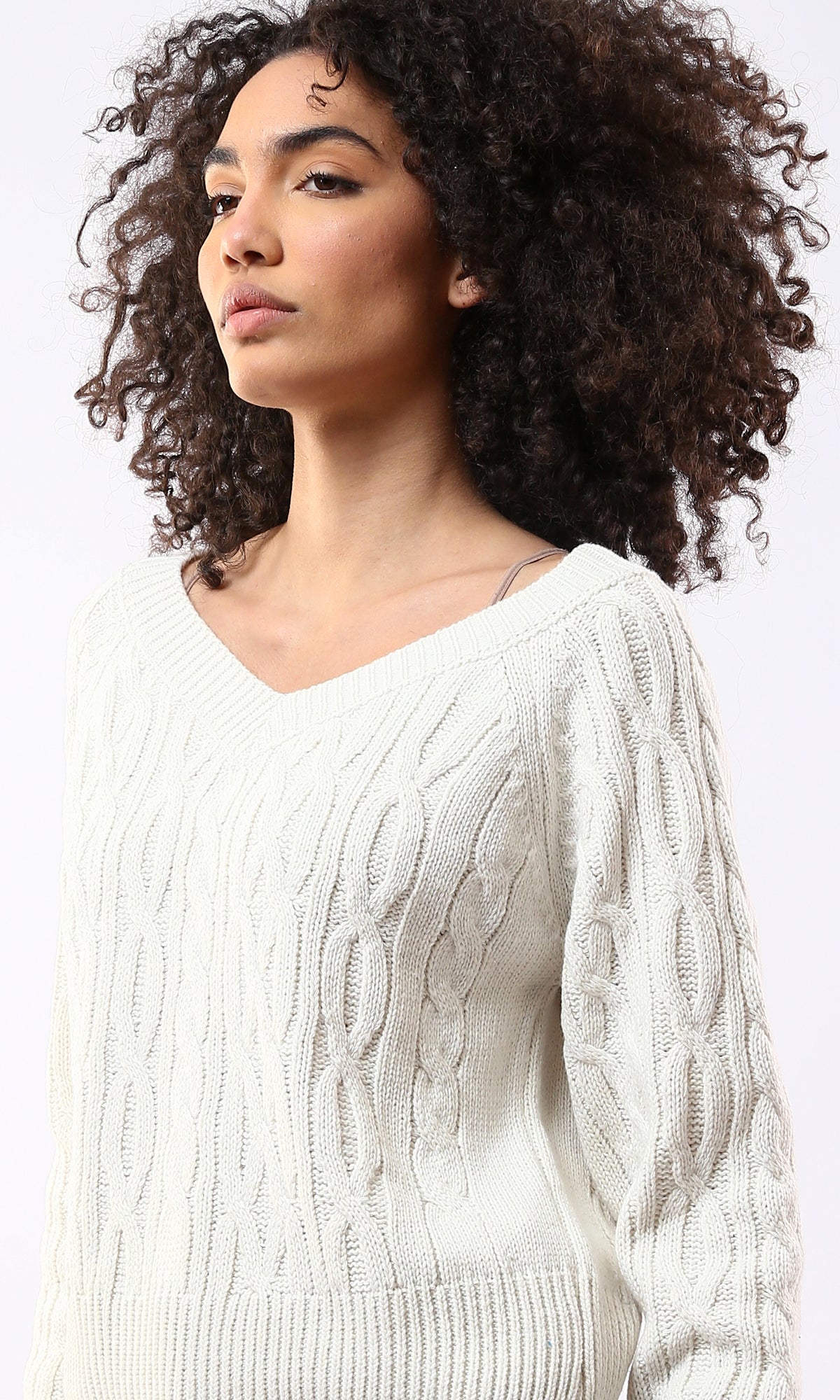 Off-White Knitted Sweater with Wide V-Neck