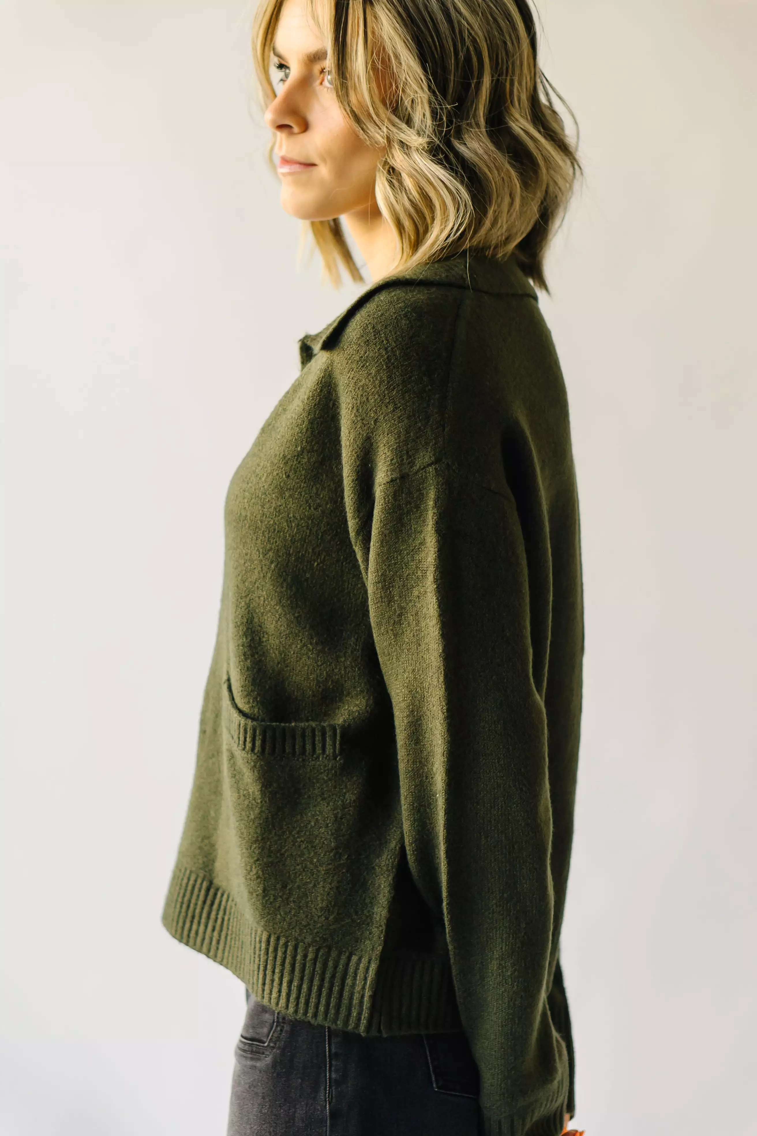 Olive Bushnell V-Neck Sweater - Pocket Detail | Buy Now