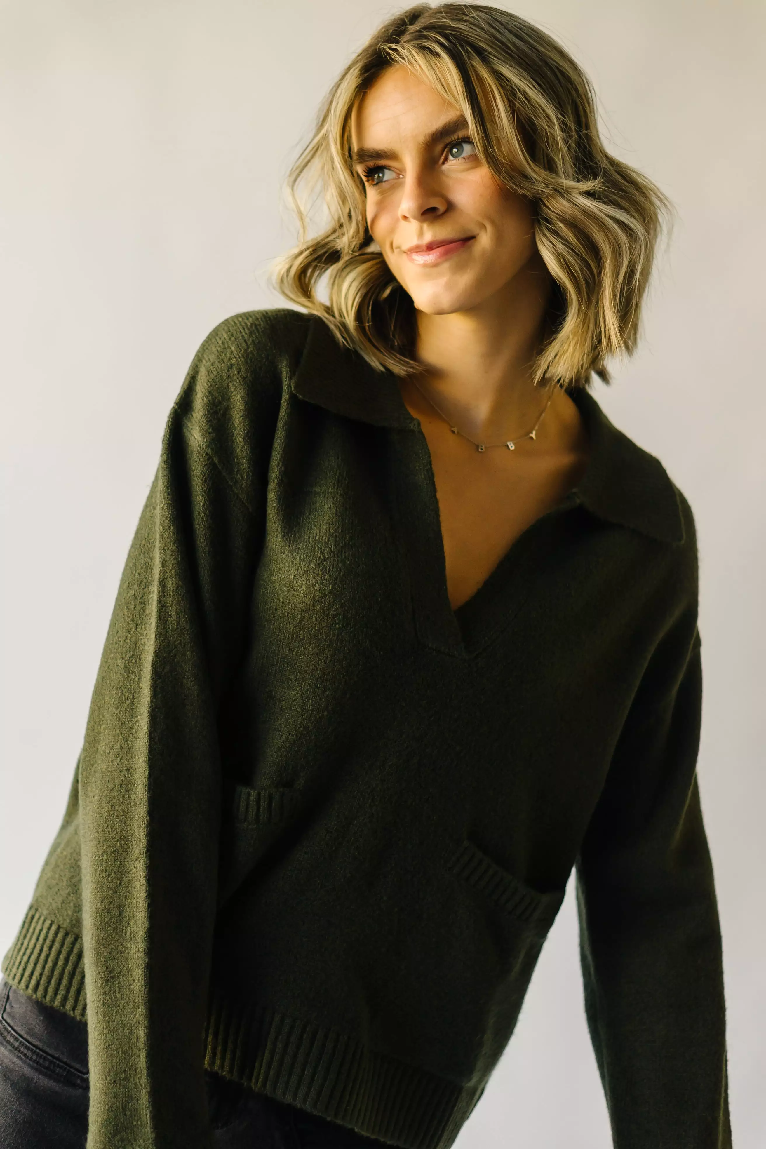 Olive Bushnell V-Neck Sweater - Pocket Detail | Buy Now