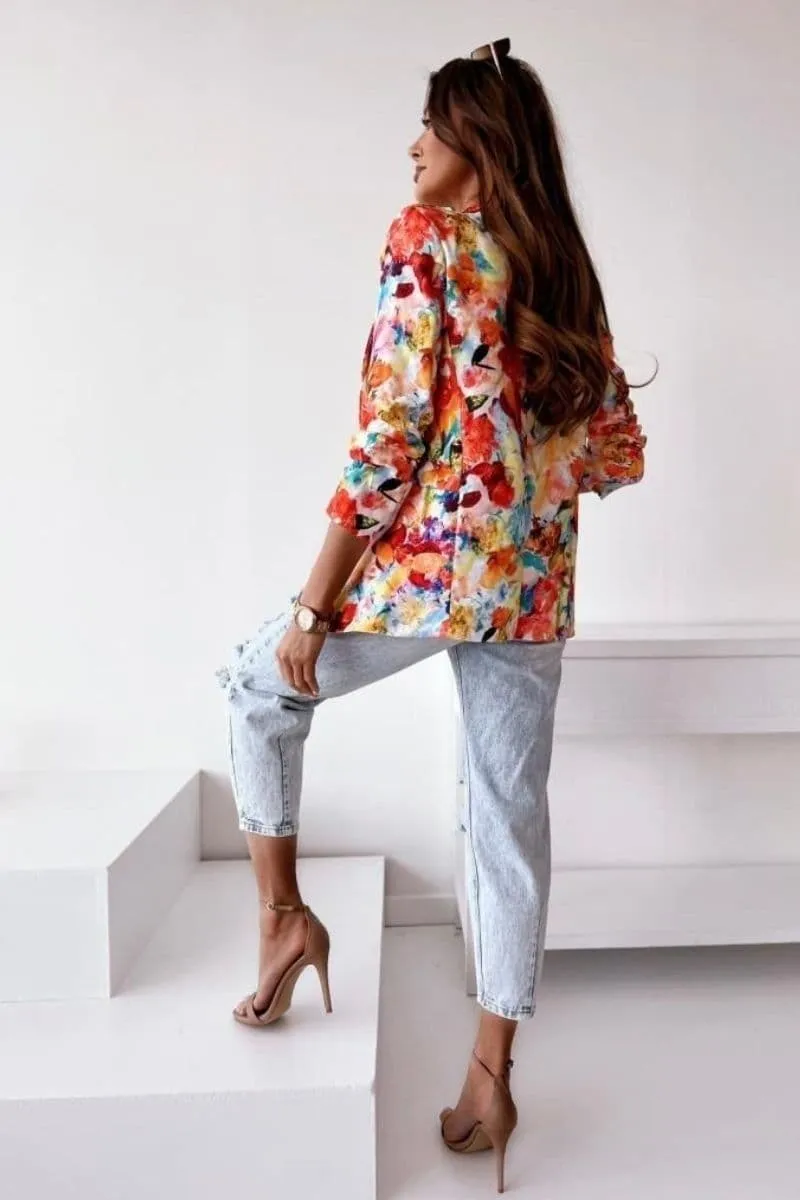 Orange Lapel Floral Blazer with Ruched Sleeves