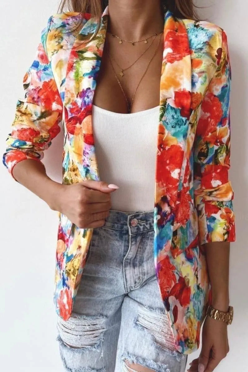 Orange Lapel Floral Blazer with Ruched Sleeves