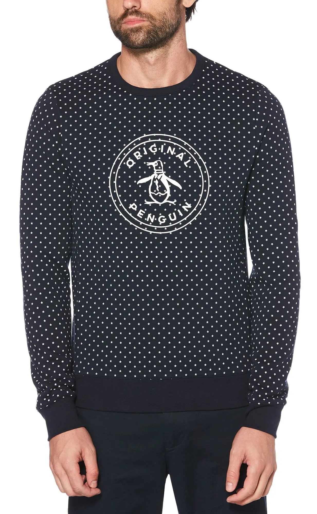 Original Penguin Star Print Crew Neck Sweatshirt in Dark Sapphire