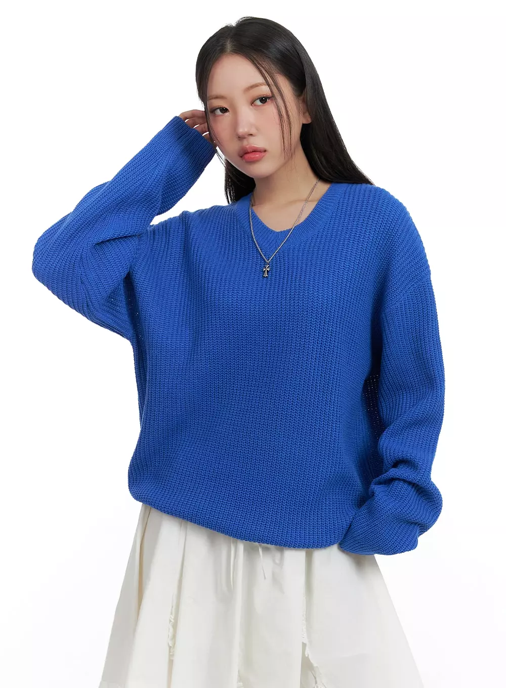 Oversized V-Neck Waffle Knit Sweater for Women