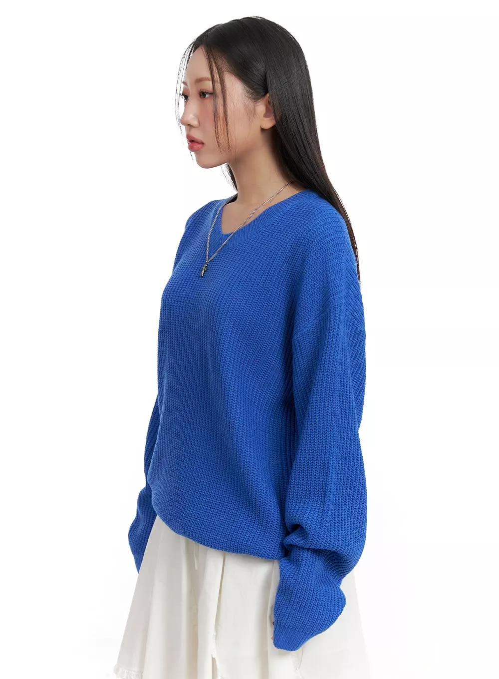 Oversized V-Neck Waffle Knit Sweater for Women