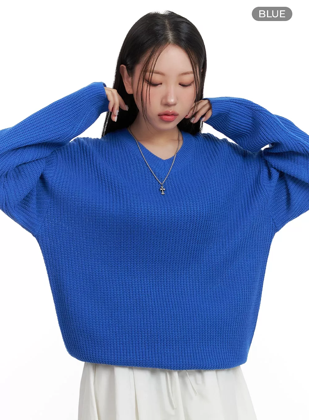 Oversized V-Neck Waffle Knit Sweater for Women