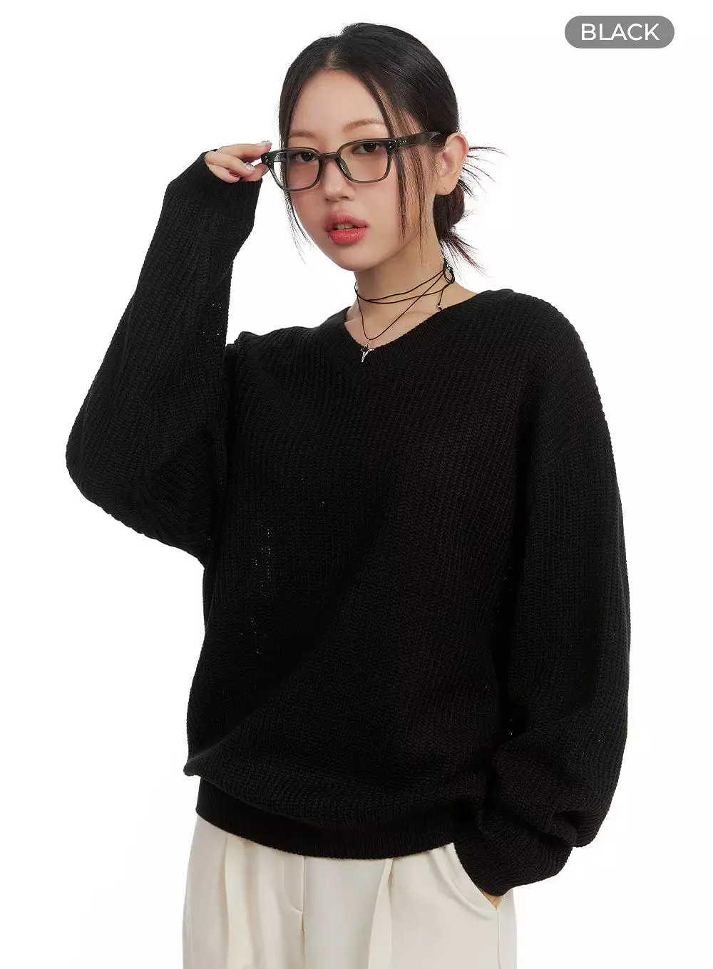 Oversized V-Neck Waffle Knit Sweater for Women