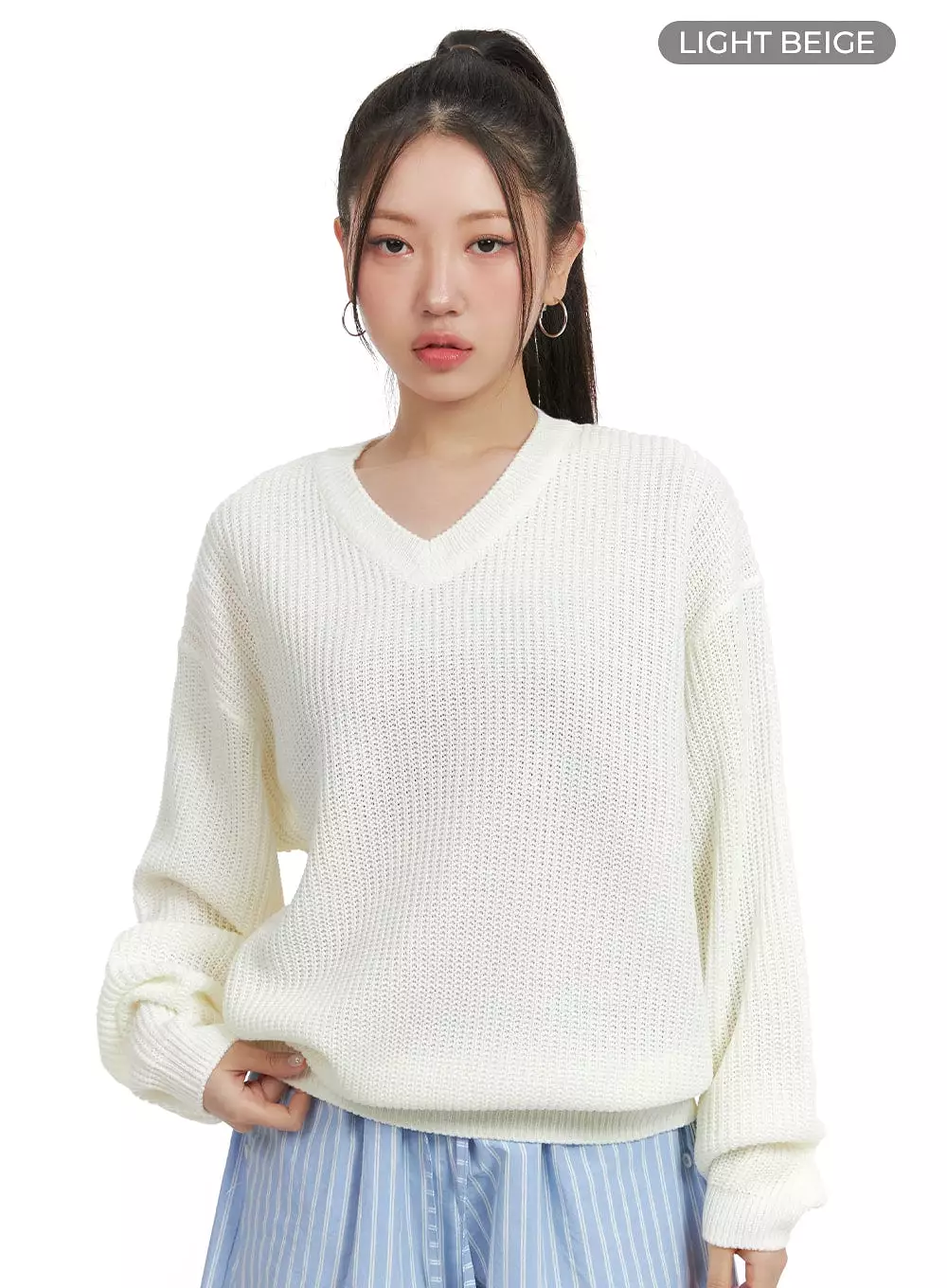 Oversized V-Neck Waffle Knit Sweater for Women