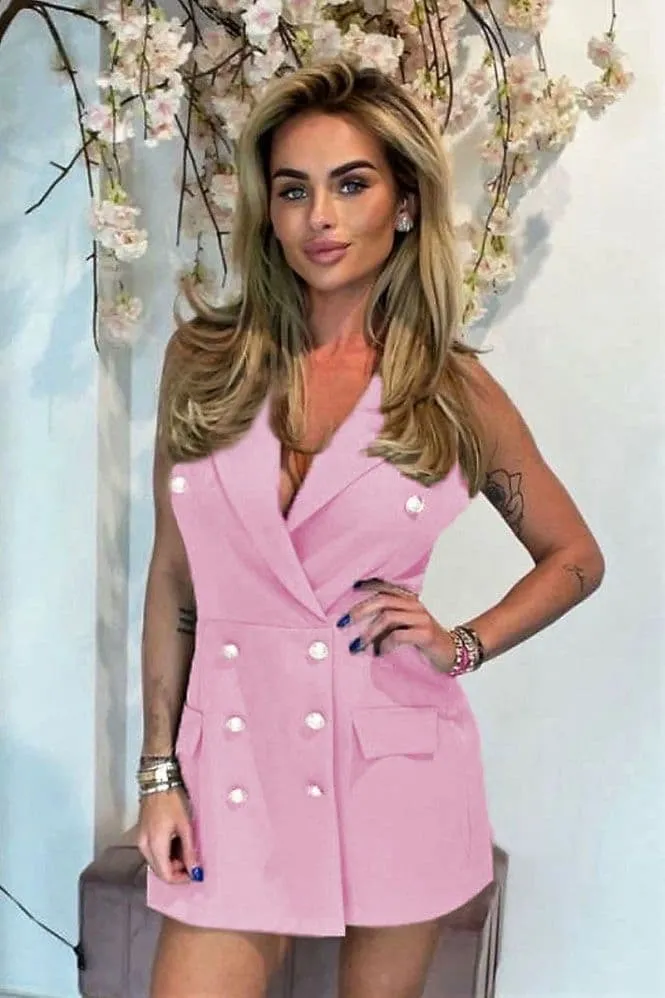 Pink Sleeveless Military Button Blazer Jumpsuit