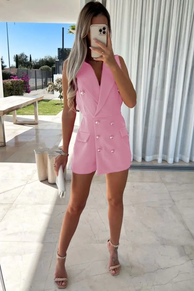 Pink Sleeveless Military Button Blazer Jumpsuit