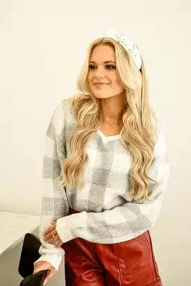 Plaid V-Neck Grey Sweater