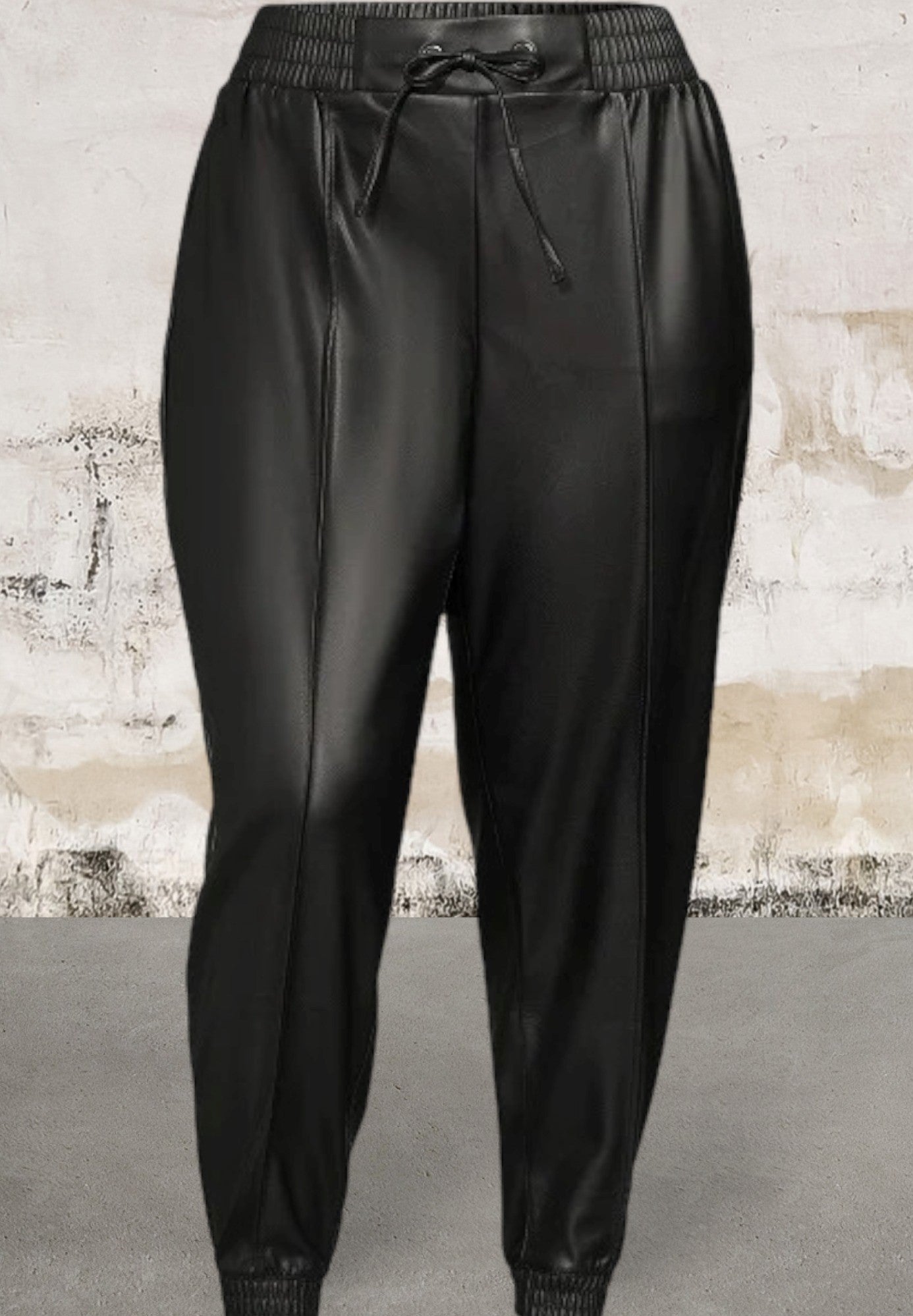 Plus size faux leather pants with pintuck detail and elastic waistband.