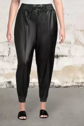 Plus size faux leather pants with pintuck detail and elastic waistband.