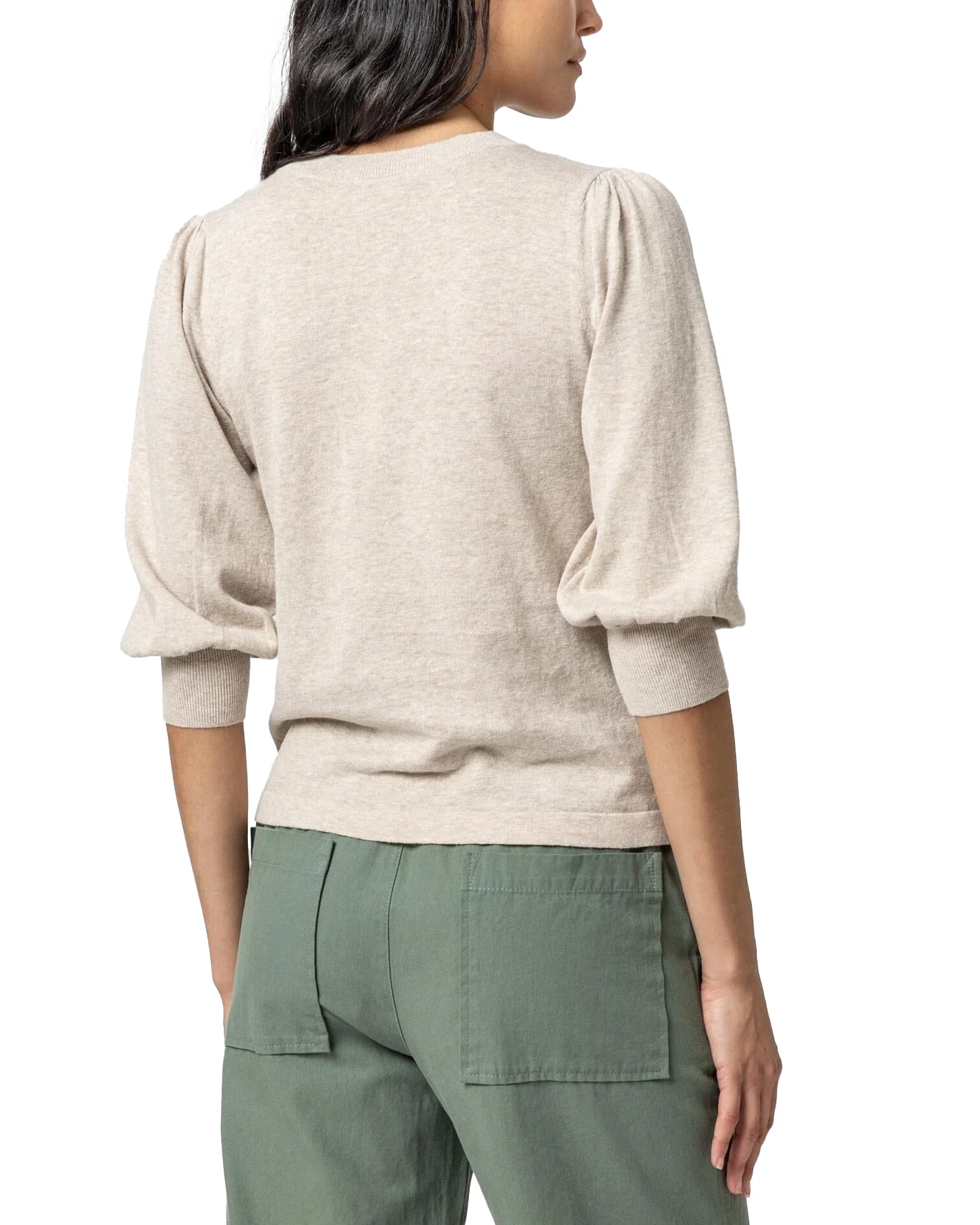 Puff Sleeve V-Neck Sweater, Wheat