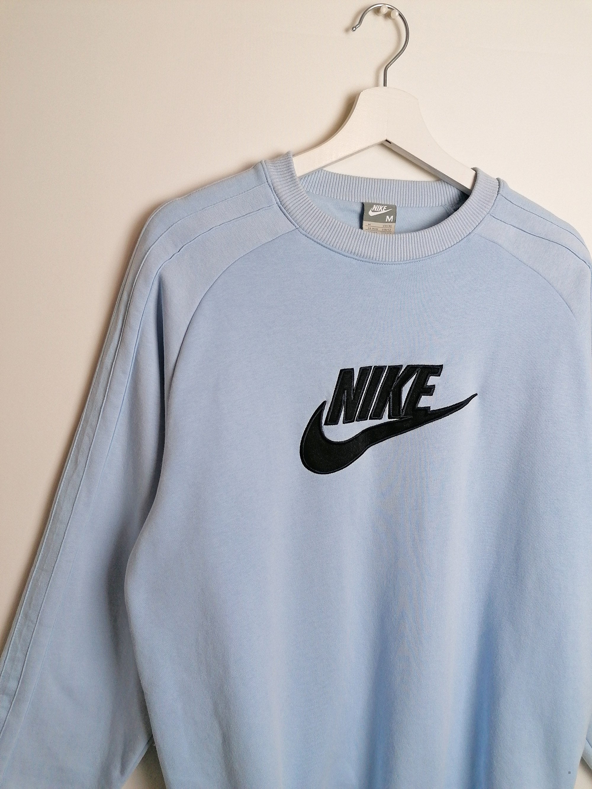 Rare Y2K Nike Baby Blue Sweatshirt with Crew Center Swoosh - Small to Medium Size, GB 39 - 41, Height 178 cm