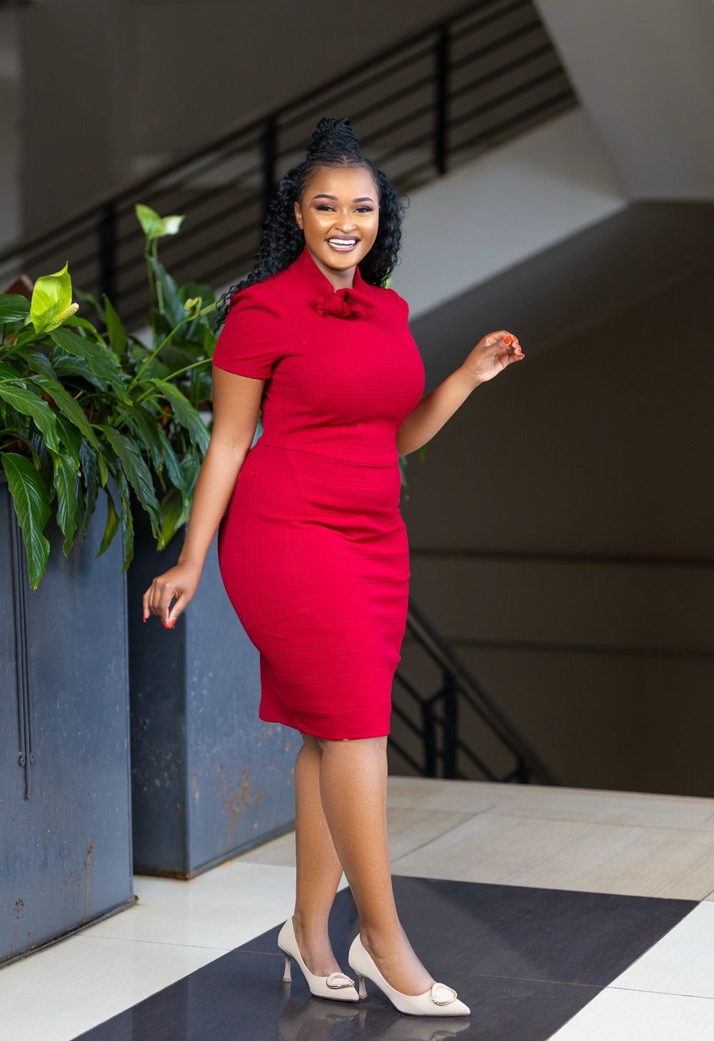 Red wool dress with necktie.