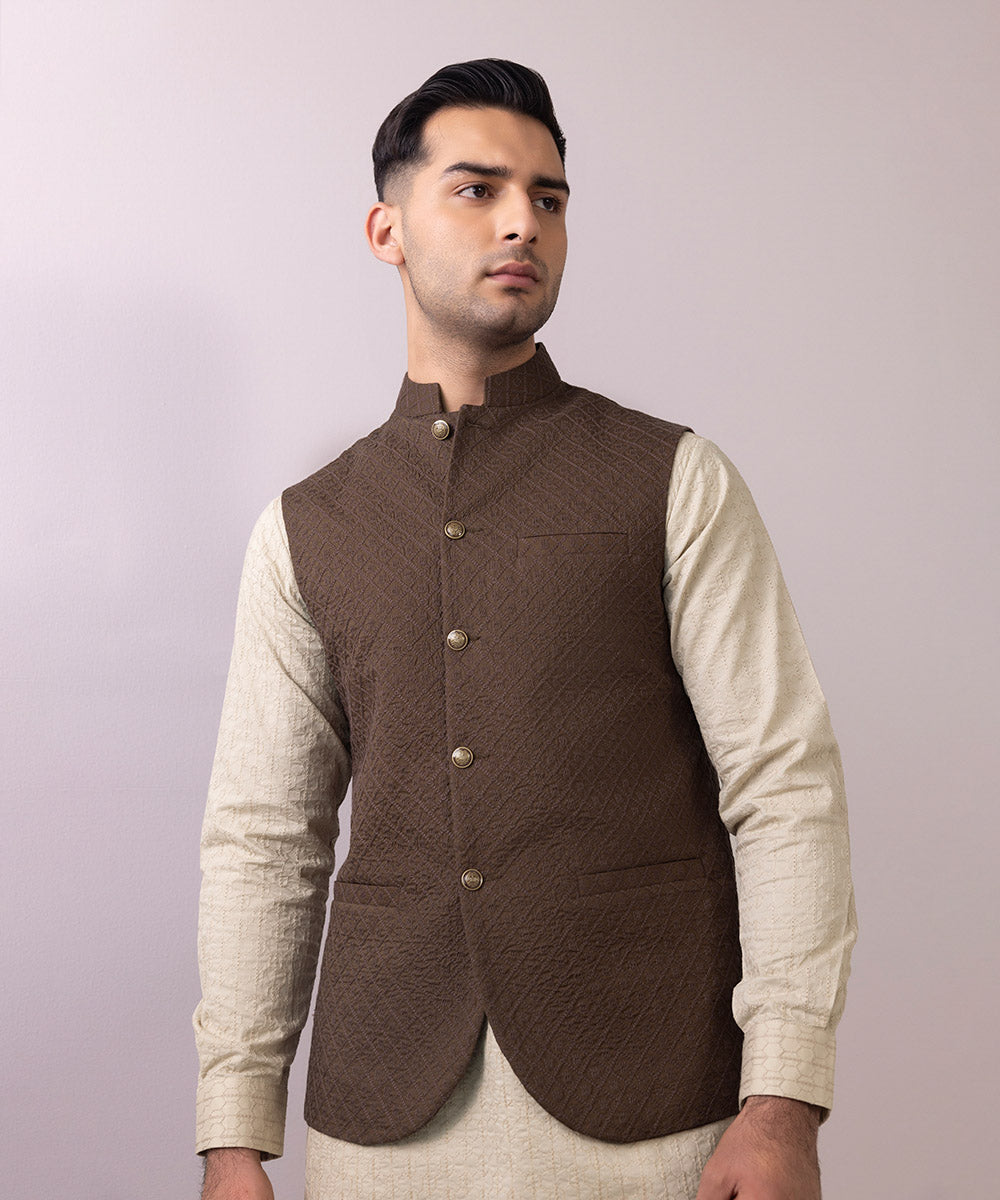 Schiffli Cotton Waistcoat with Embroidery - Buy Now.