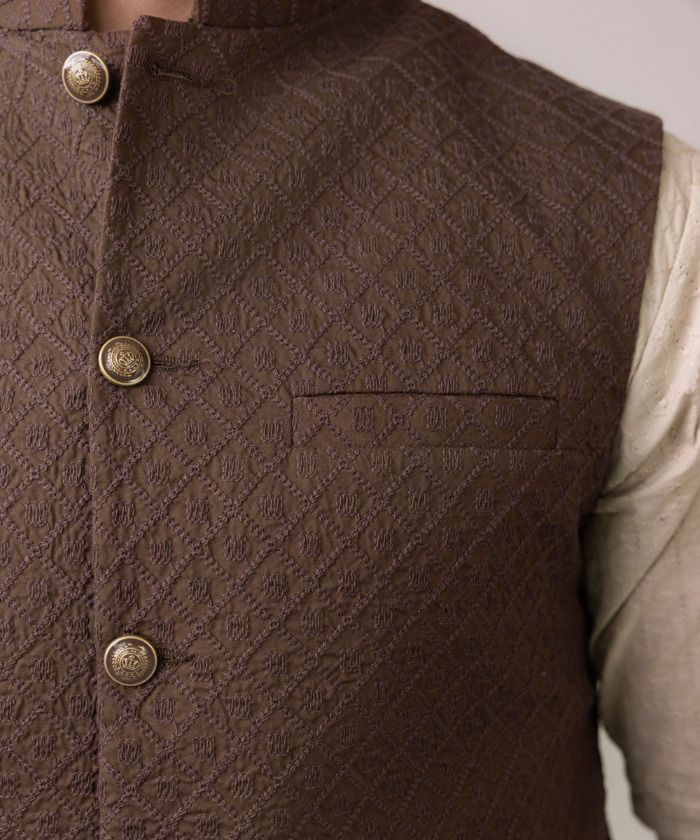 Schiffli Cotton Waistcoat with Embroidery - Buy Now.