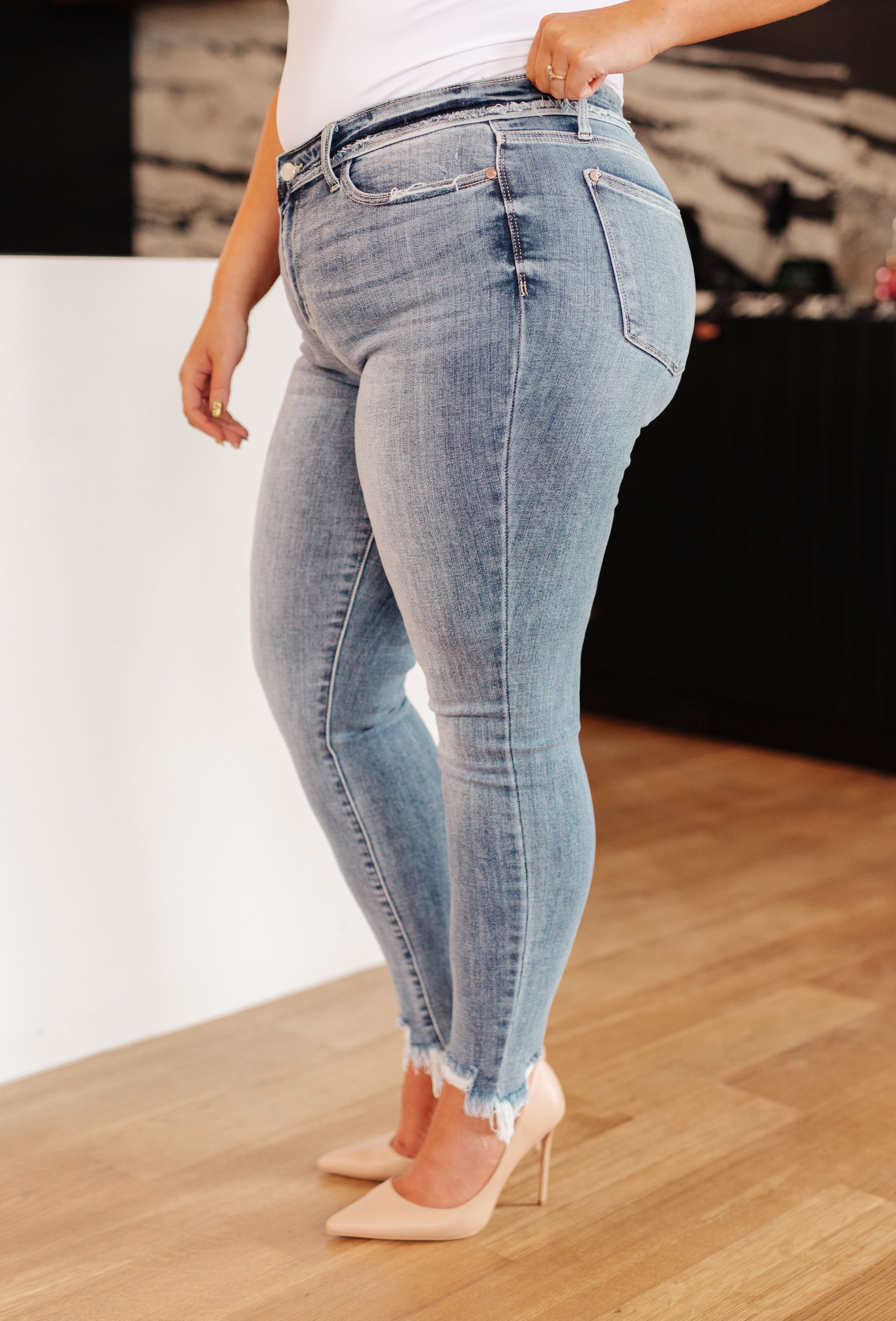 Sherry Mid Rise Skinny Jeans with Release Waistband Detail