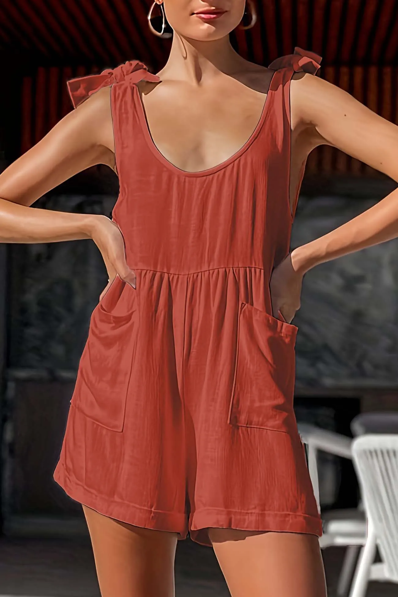 Sleeveless Shoulder Bow Backless Rompers - Stylish Sleeveless Romper with Shoulder Bow Detail and Backless Design