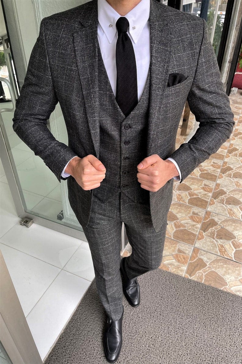 Slim Black Plaid Wool Suit