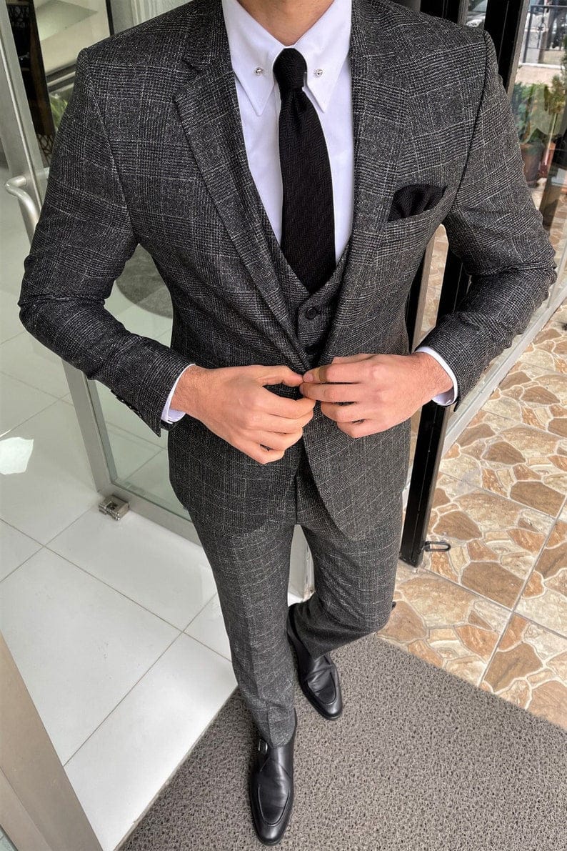 Slim Black Plaid Wool Suit