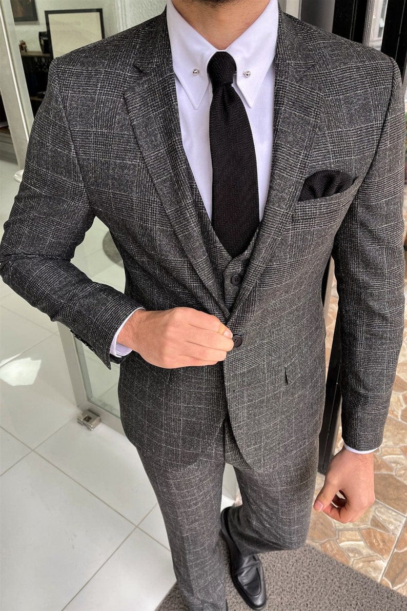 Slim Black Plaid Wool Suit