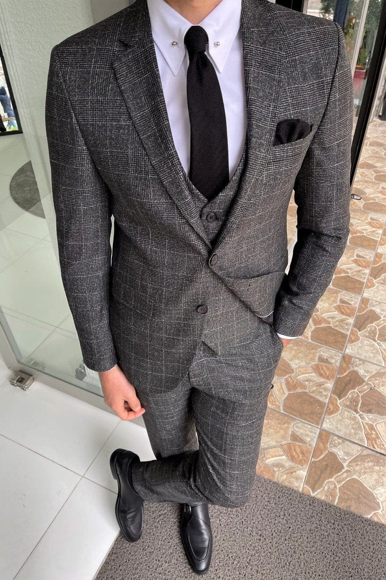 Slim Black Plaid Wool Suit