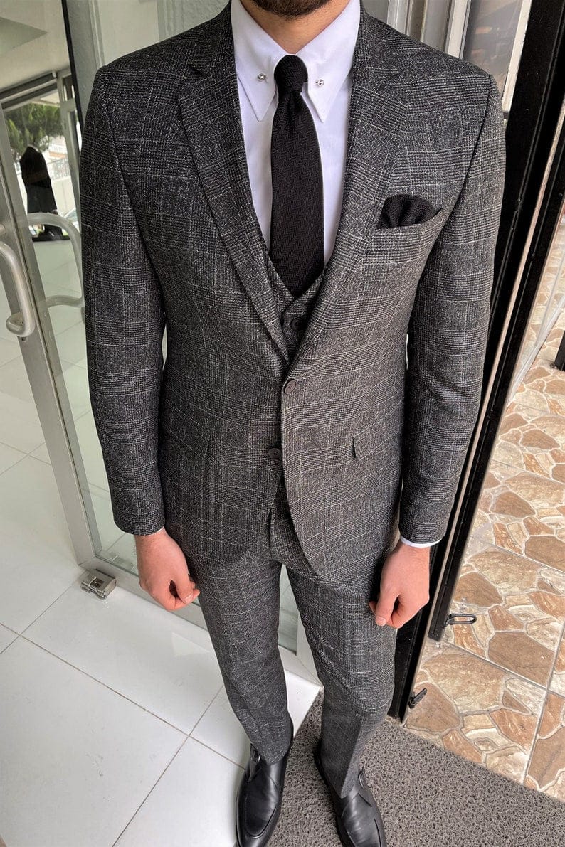 Slim Black Plaid Wool Suit