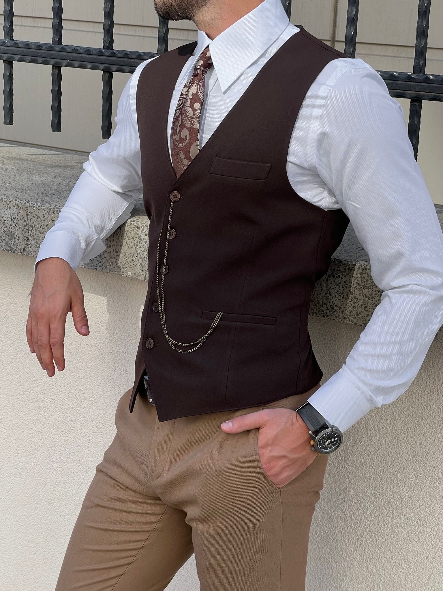 Slim Brown Wool Men's Waistcoat