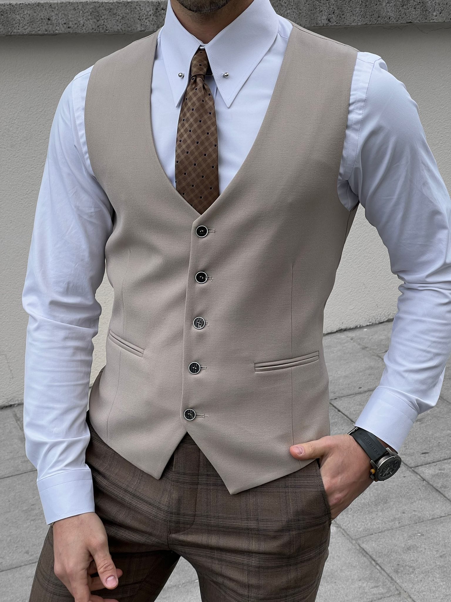 Slim Fit Beige Wool Waistcoat for Men