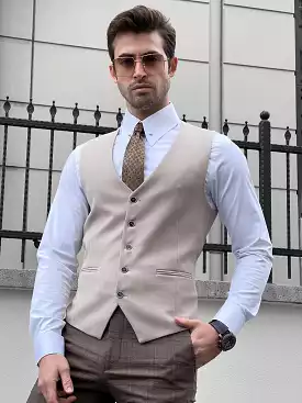 Slim Fit Beige Wool Waistcoat for Men