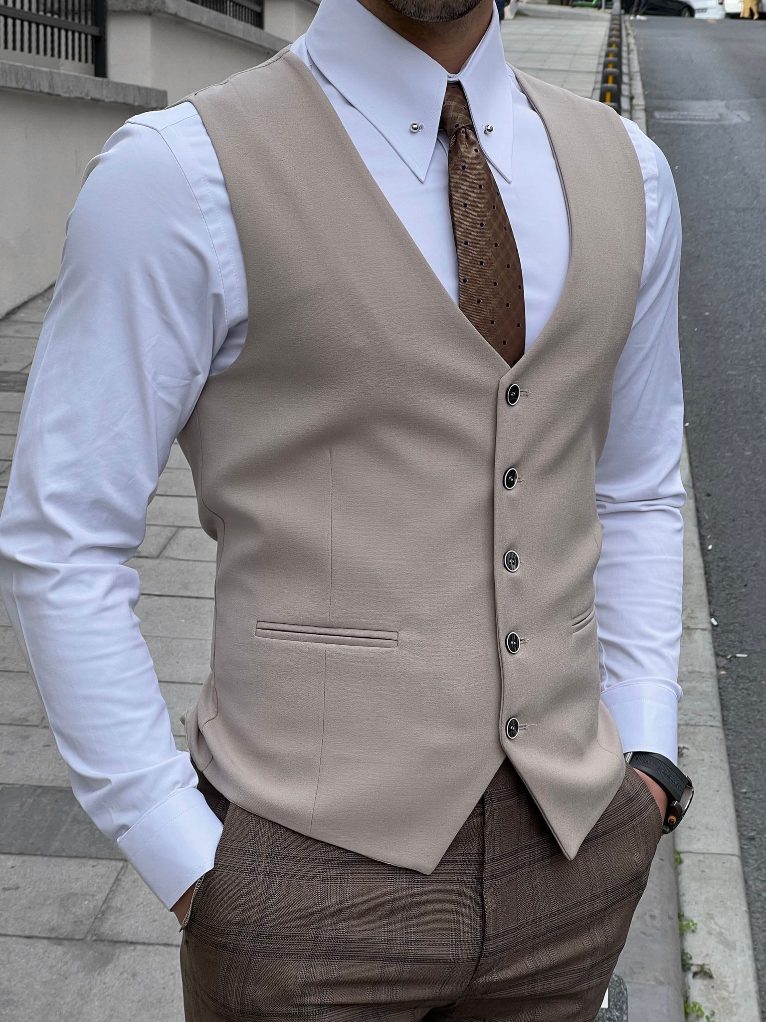 Slim Fit Beige Wool Waistcoat for Men