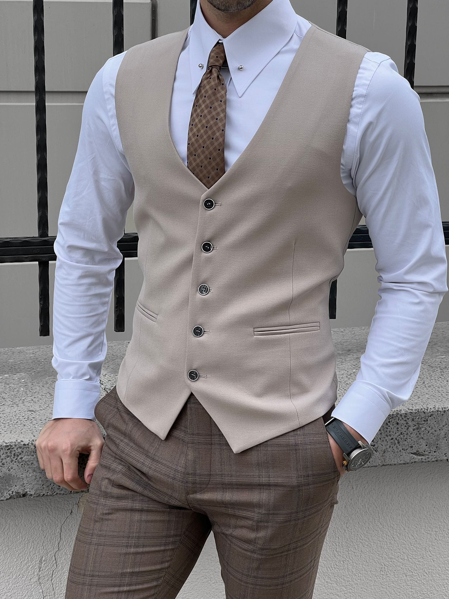 Slim Fit Beige Wool Waistcoat for Men