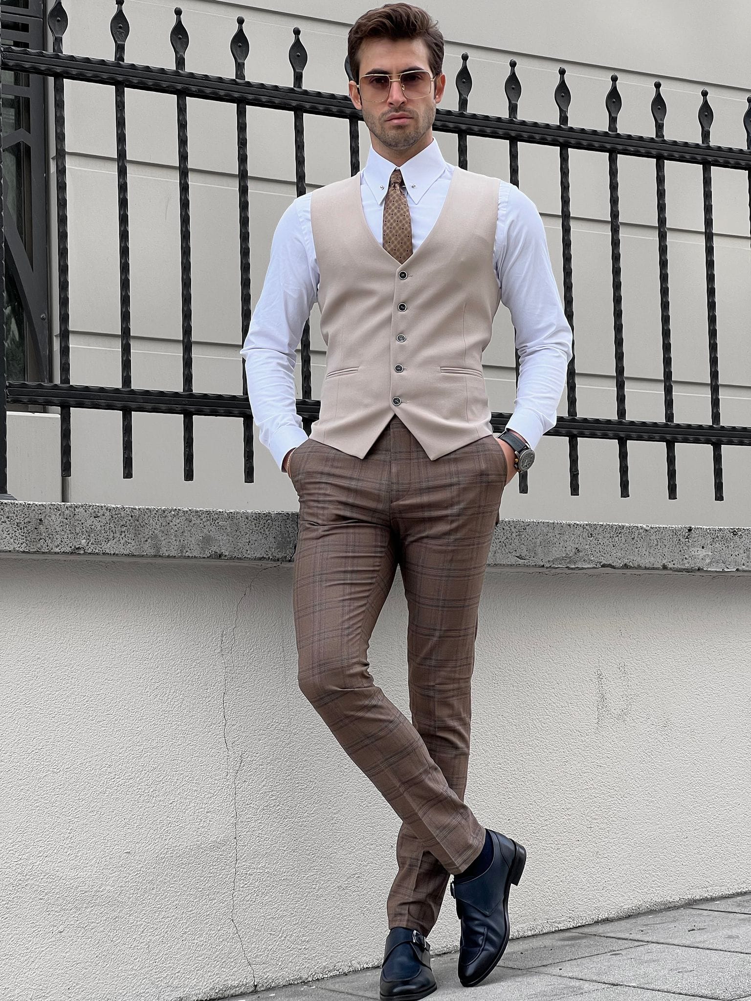 Slim Fit Beige Wool Waistcoat for Men