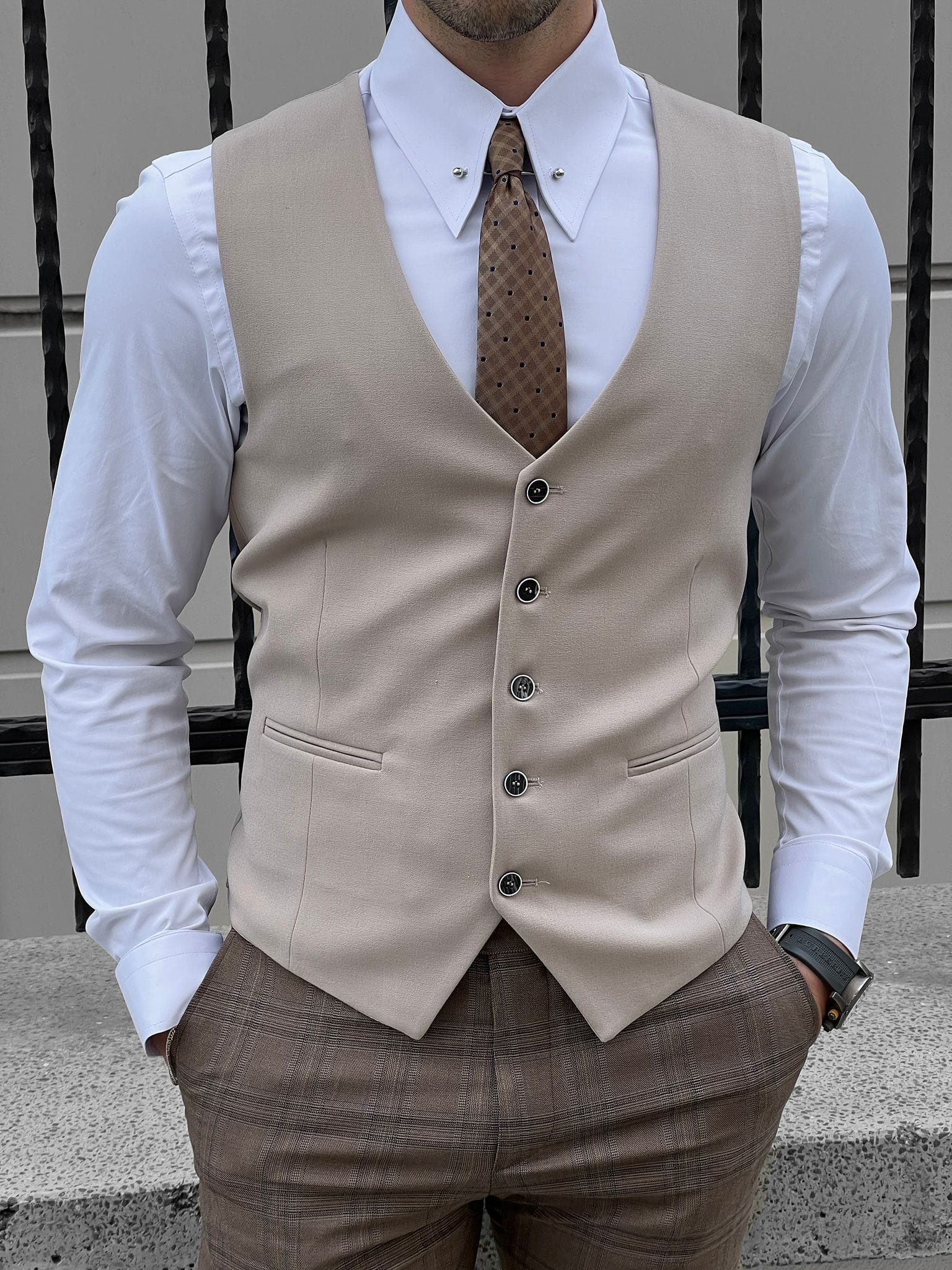 Slim Fit Beige Wool Waistcoat for Men